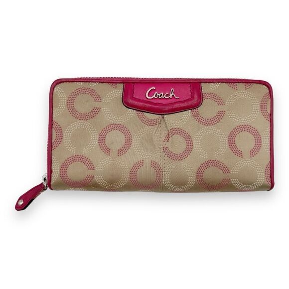 Coach Ashley Pink Fabric Dotted Op Art Zip Around Wallet Refurbished - Picture 1 of 15